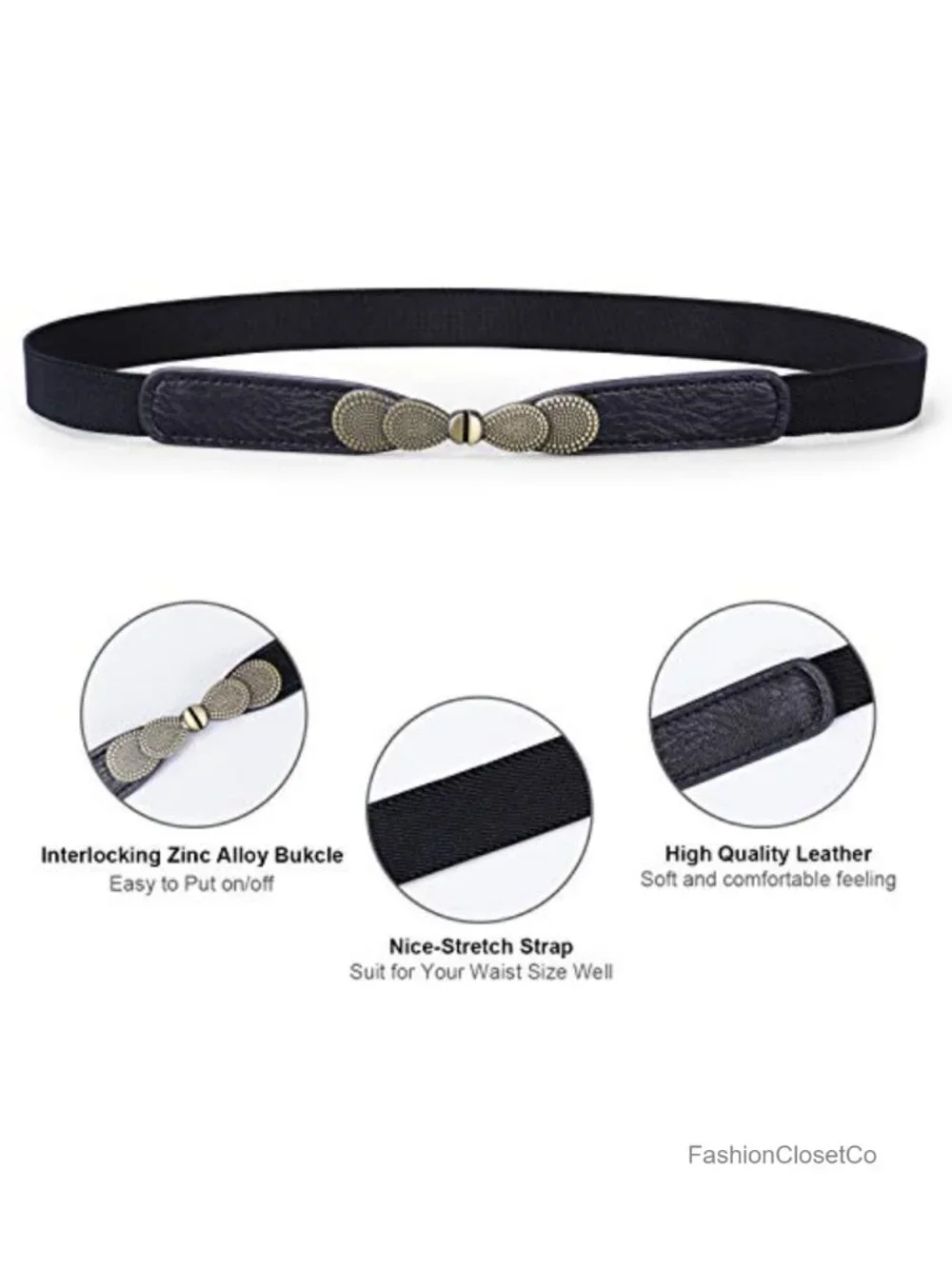 Women Skinny Stretch Elastic Belt Retro Vintage Thin Belt with Metal Buckle